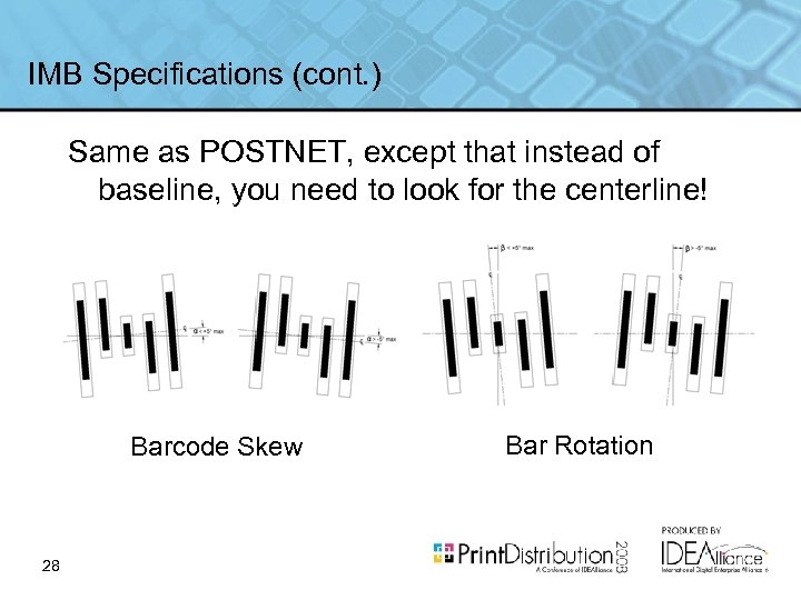 IMB Specifications (cont. ) Same as POSTNET, except that instead of baseline, you need