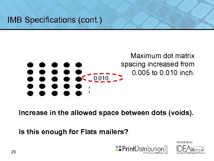 IMB Specifications (cont. ) 0. 010 Maximum dot matrix spacing increased from 0. 005