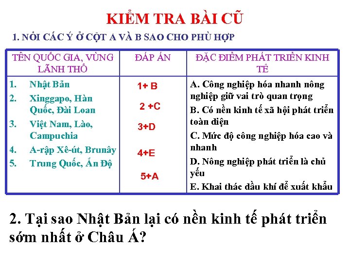 KIỂM TRA BÀI CŨ 1. NỐI CÁC Ý Ở CỘT A VÀ B SAO