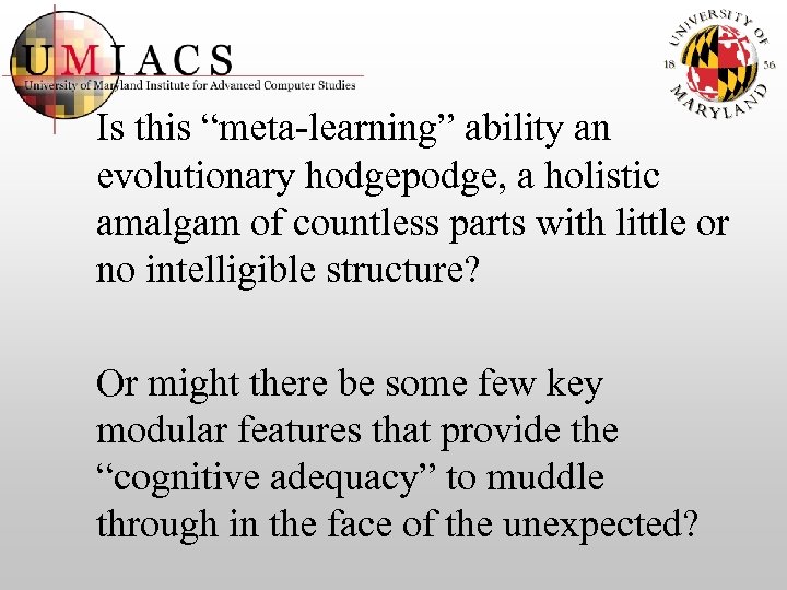 Is this “meta-learning” ability an evolutionary hodgepodge, a holistic amalgam of countless parts with