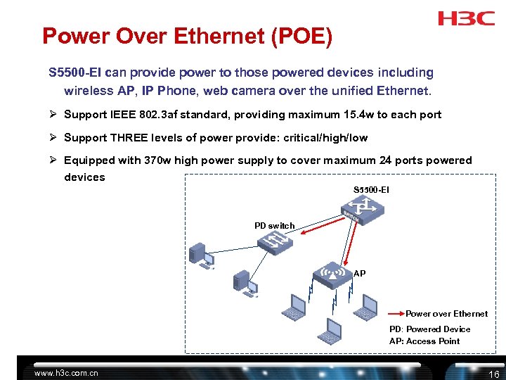 Power Over Ethernet (POE) S 5500 -EI can provide power to those powered devices