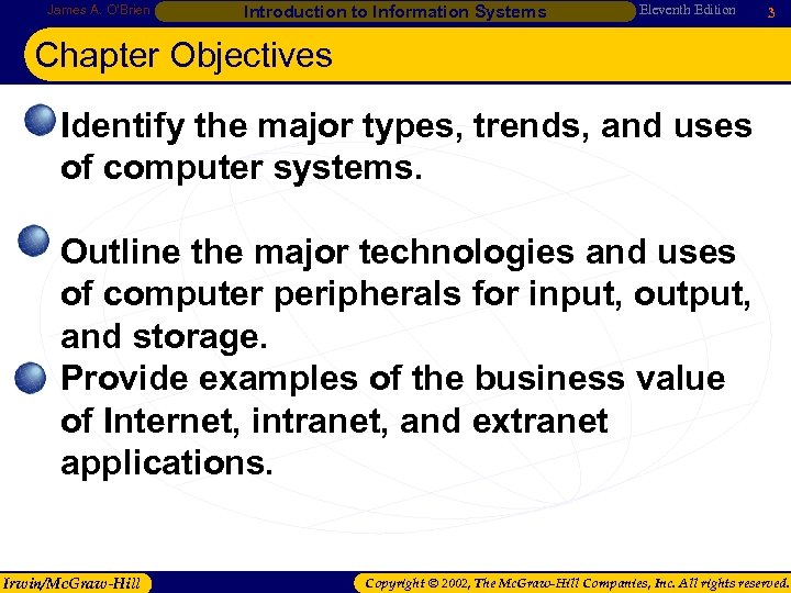 James A. O’Brien Introduction to Information Systems Eleventh Edition 3 Chapter Objectives • Identify