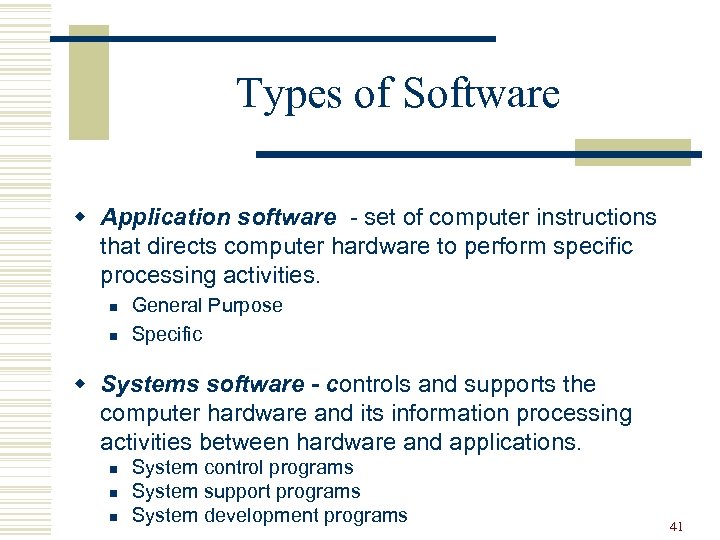 Types of Software w Application software - set of computer instructions that directs computer