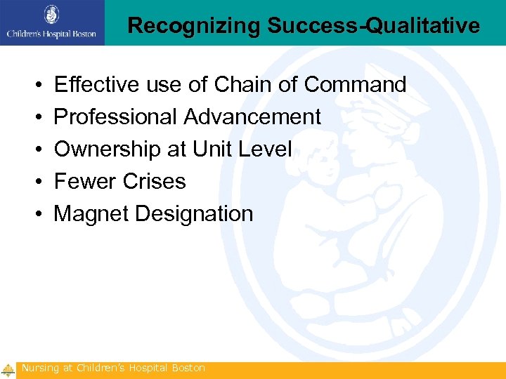 Recognizing Success-Qualitative • • • Effective use of Chain of Command Professional Advancement Ownership