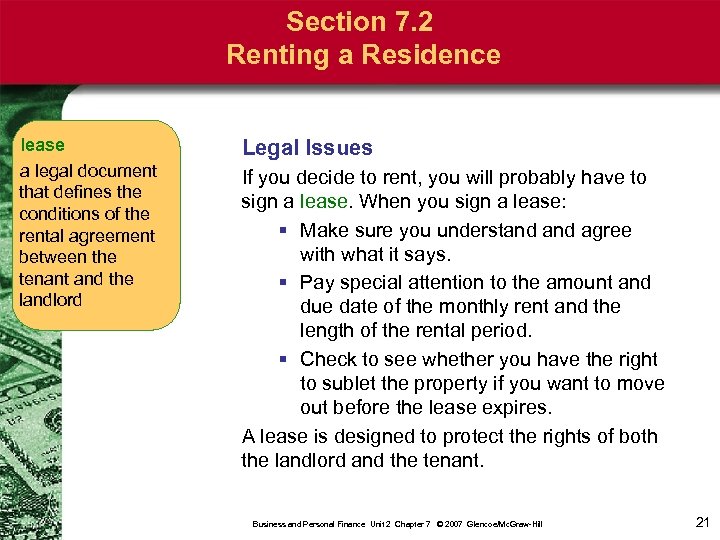 Section 7. 2 Renting a Residence lease a legal document that defines the conditions