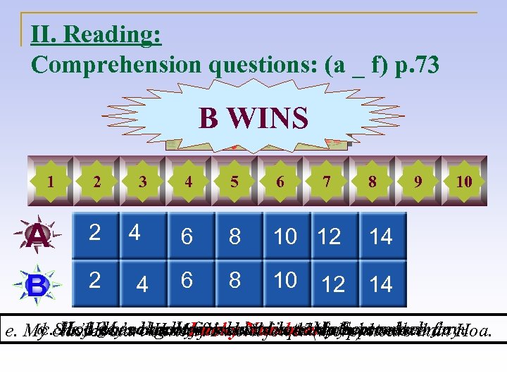 II. Reading: Comprehension questions: (a _ f) p. 73 A WINS B 1 a