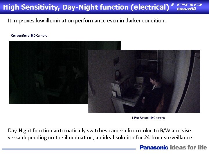 High Sensitivity, Day-Night function (electrical) It improves low illumination performance even in darker condition.