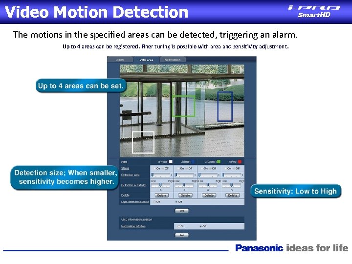 Video Motion Detection The motions in the specified areas can be detected, triggering an