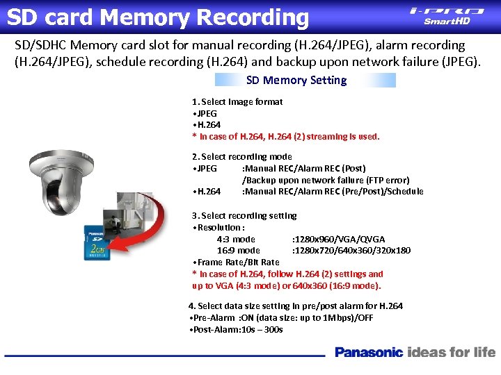 SD card Memory Recording SD/SDHC Memory card slot for manual recording (H. 264/JPEG), alarm