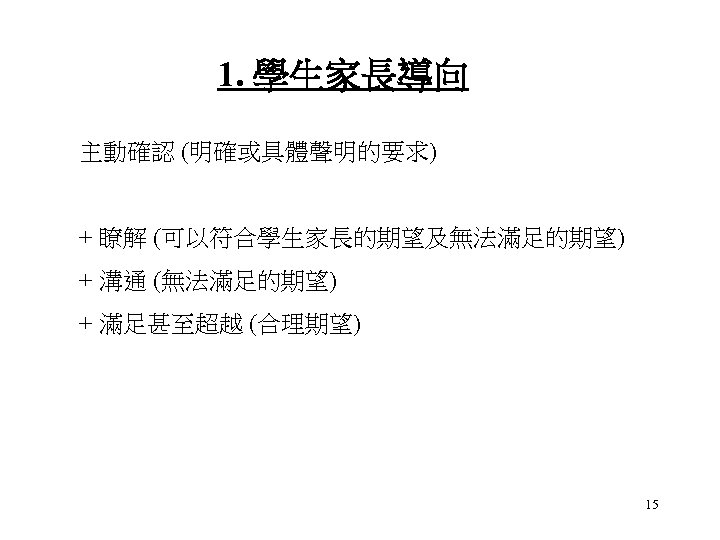 1. 學生家長導向 主動確認 (明確或具體聲明的要求) + 瞭解 (可以符合學生家長的期望及無法滿足的期望) + 溝通 (無法滿足的期望) + 滿足甚至超越 (合理期望) 15