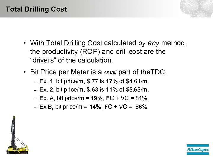 Total Drilling Cost • With Total Drilling Cost calculated by any method, the productivity