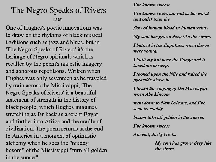 The Negro Speaks of Rivers (1919) One of Hughes's poetic innovations was to draw