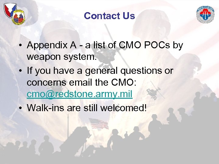 Contact Us • Appendix A - a list of CMO POCs by weapon system.