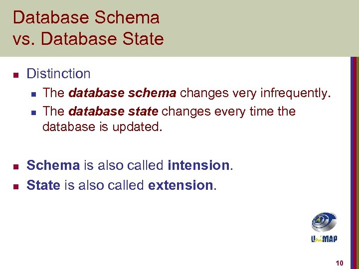 Database Schema vs. Database State n Distinction n n The database schema changes very