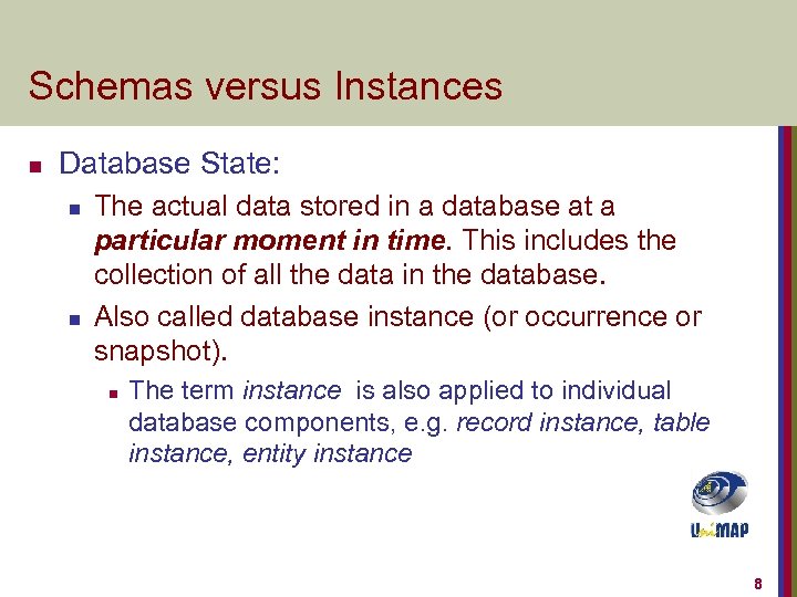 Schemas versus Instances n Database State: n n The actual data stored in a