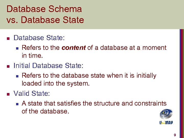 Database Schema vs. Database State n Database State: n n Initial Database State: n