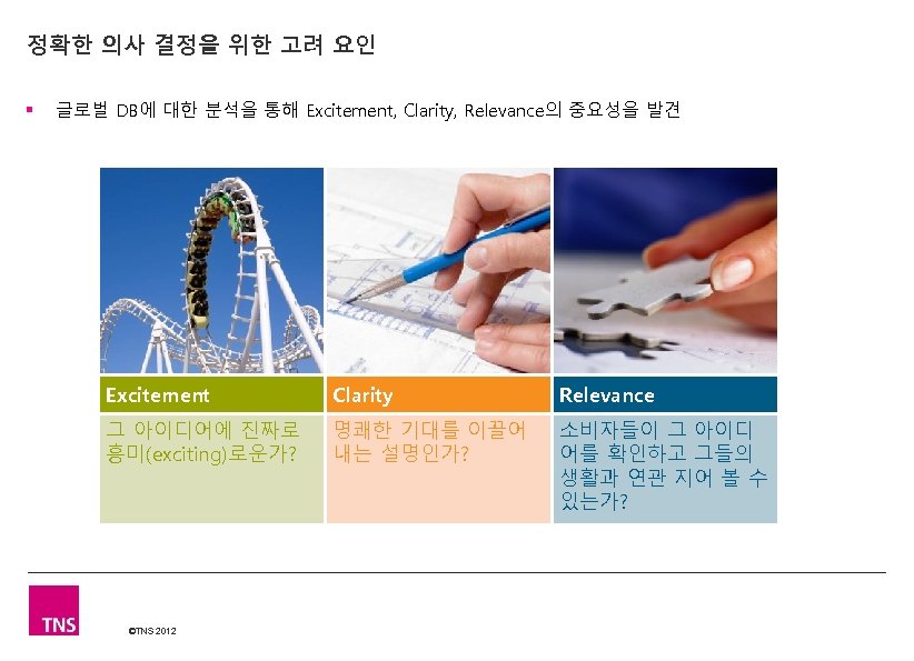 정확한 의사 결정을 위한 고려 요인 § 글로벌 DB에 대한 분석을 통해 Excitement, Clarity,