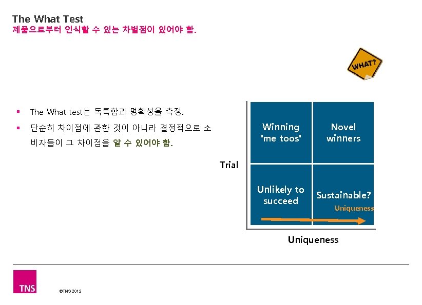 The What Test 제품으로부터 인식할 수 있는 차별점이 있어야 함. § The What test는