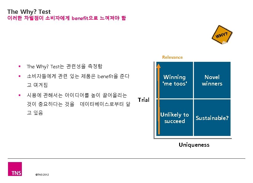The Why? Test 이러한 차별점이 소비자에게 benefit으로 느껴져야 함 Relevance § The Why? Test는