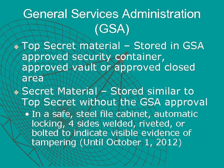 General Services Administration (GSA) Top Secret material – Stored in GSA approved security container,