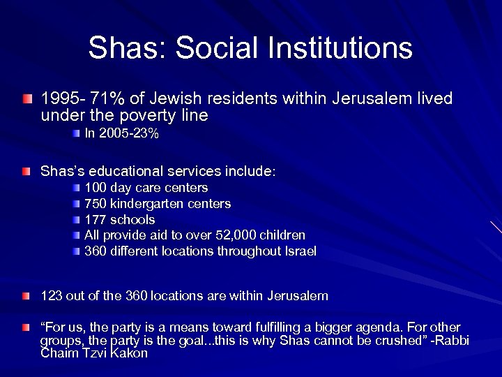 Shas: Social Institutions 1995 - 71% of Jewish residents within Jerusalem lived under the