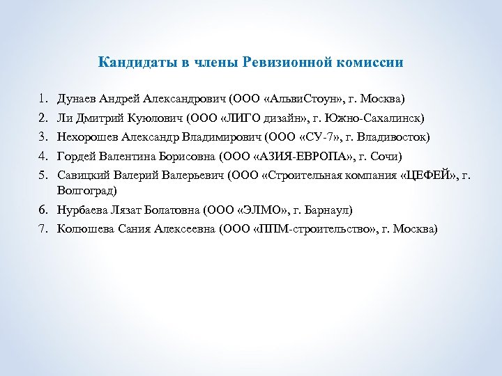 Кандидаты в члены Ревизионной комиссии 1. 2. 3. 4. 5. Дунаев Андрей Александрович (ООО