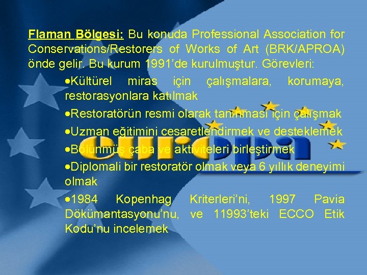 Flaman Bölgesi: Bu konuda Professional Association for Conservations/Restorers of Works of Art (BRK/APROA) önde