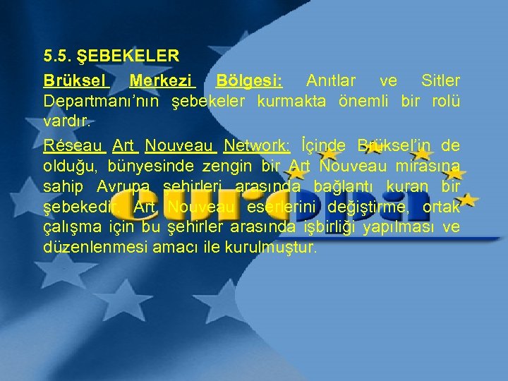 5. 5. ŞEBEKELER Brüksel Merkezi Bölgesi: Anıtlar ve Sitler Departmanı’nın şebekeler kurmakta önemli bir