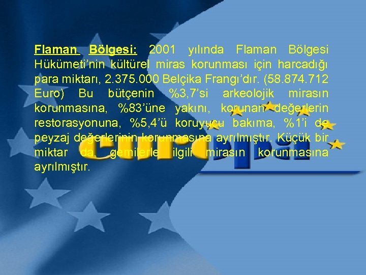 Flaman Bölgesi: 2001 yılında Flaman Bölgesi Hükümeti’nin kültürel miras korunması için harcadığı para miktarı,