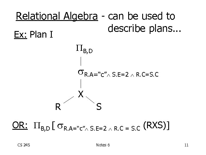 Relational Algebra - can be used to describe plans. . . Ex: Plan I