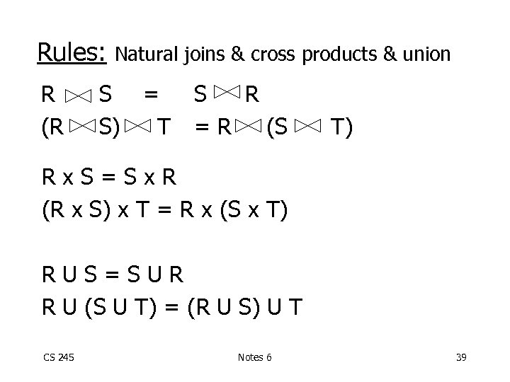 Rules: R (R Natural joins & cross products & union S = S) T