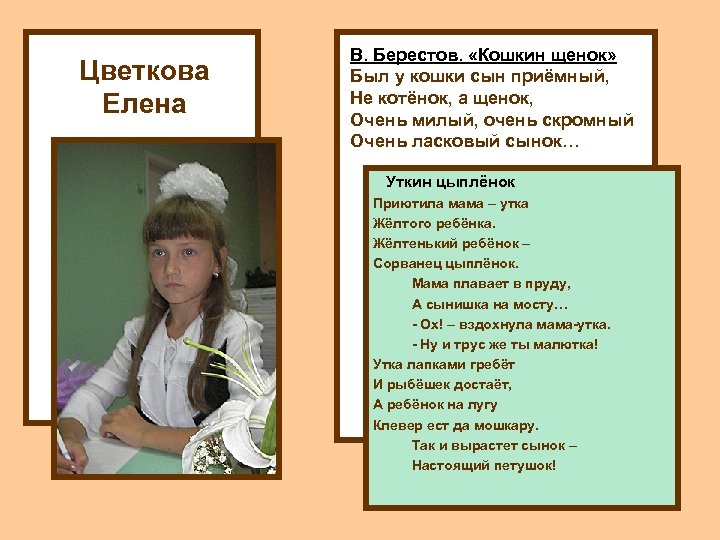 Цветкова Елена В. Берестов. «Кошкин щенок» Был у кошки сын приёмный, Не котёнок, а