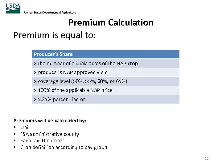 Premium Calculation Premium is equal to: Producer’s Share × the number of eligible acres