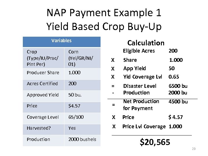 NAP Payment Example 1 Yield Based Crop Buy-Up Variables Calculation Eligible Acres 200 X