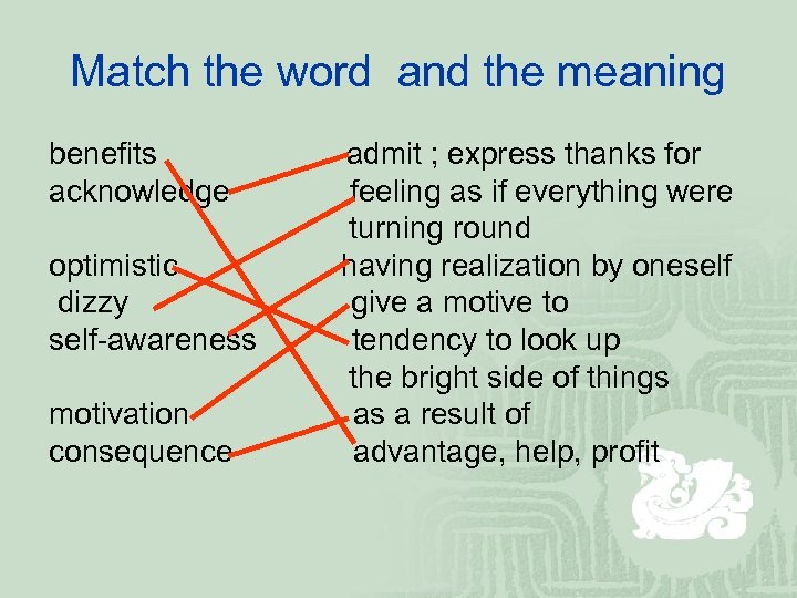 Match the word and the meaning benefits acknowledge optimistic dizzy self-awareness motivation consequence admit