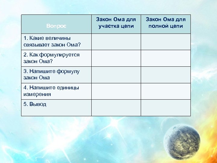 Вопрос 1. Какие величины связывает закон Ома? 2. Как формулируется закон Ома? 3. Напишите