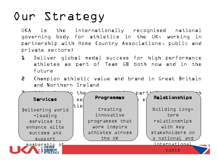 Our Strategy UKA is the internationally recognised national governing body for athletics in the