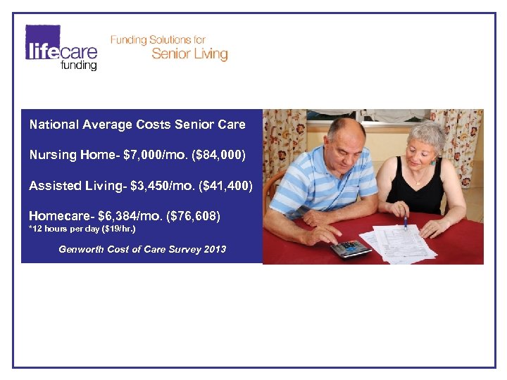 National Average Costs Senior Care Nursing Home- $7, 000/mo. ($84, 000) Assisted Living- $3,