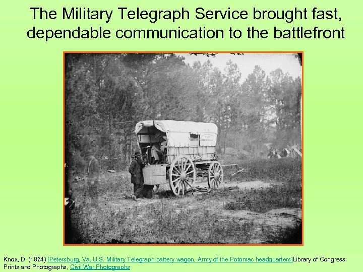 The Military Telegraph Service brought fast, dependable communication to the battlefront Knox, D. (1864)