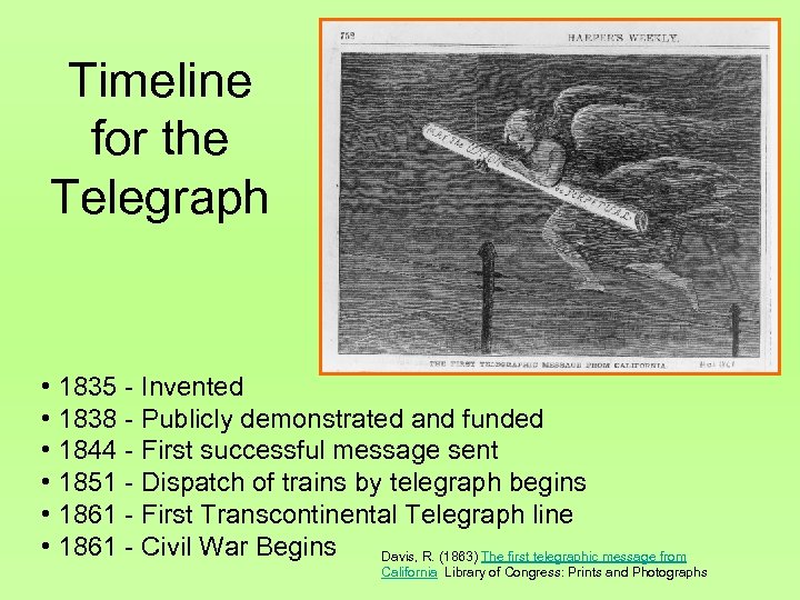 Timeline for the Telegraph • 1835 - Invented • 1838 - Publicly demonstrated and
