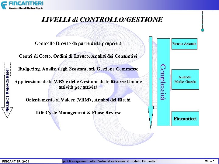 LIVELLI di CONTROLLO/GESTIONE Controllo Diretto da parte della proprietà Piccola Azienda Budgeting, Analisi degli
