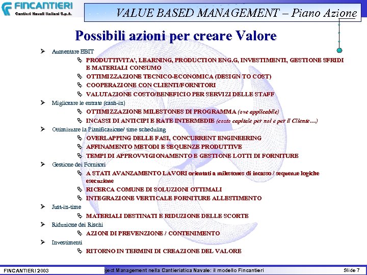 VALUE BASED MANAGEMENT – Piano Azione Possibili azioni per creare Valore Ø Aumentare EBIT