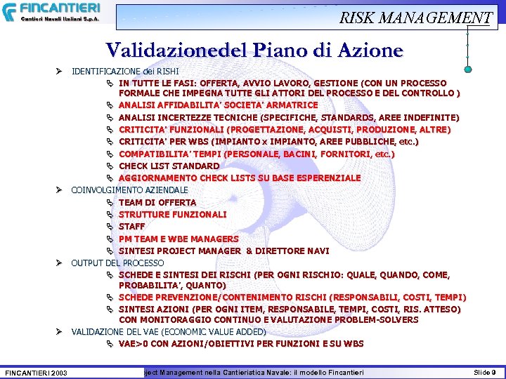 RISK MANAGEMENT Validazionedel Piano di Azione Ø IDENTIFICAZIONE dei RISHI Ä IN TUTTE LE
