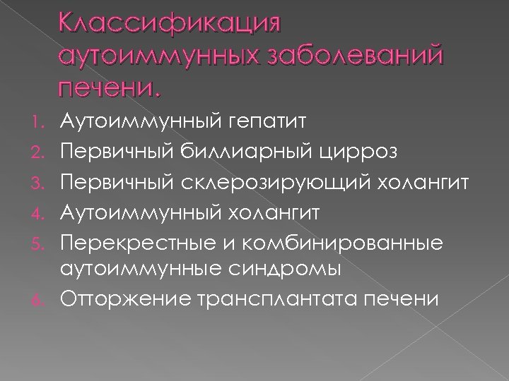 Классификация аутоиммунных заболеваний печени. 1. 2. 3. 4. 5. 6. Аутоиммунный гепатит Первичный биллиарный