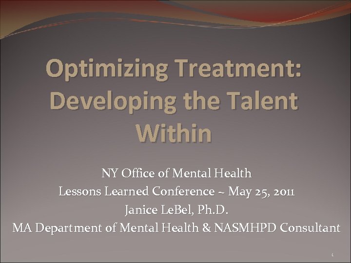 Optimizing Treatment: Developing the Talent Within NY Office of Mental Health Lessons Learned Conference