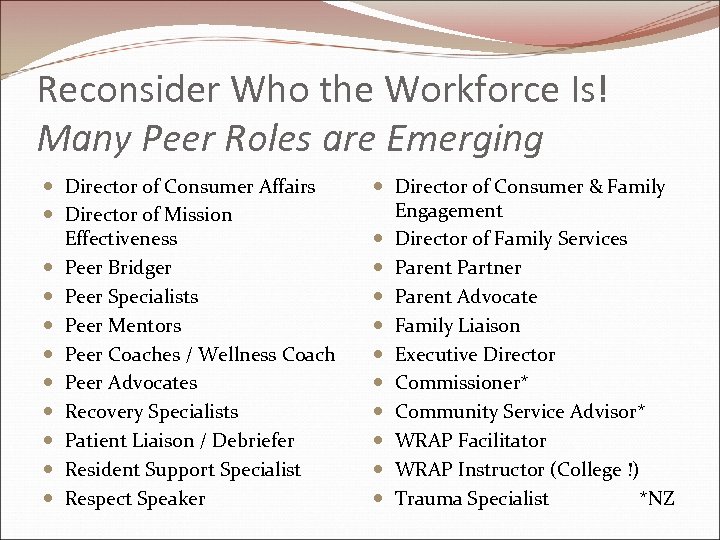 Reconsider Who the Workforce Is! Many Peer Roles are Emerging Director of Consumer Affairs