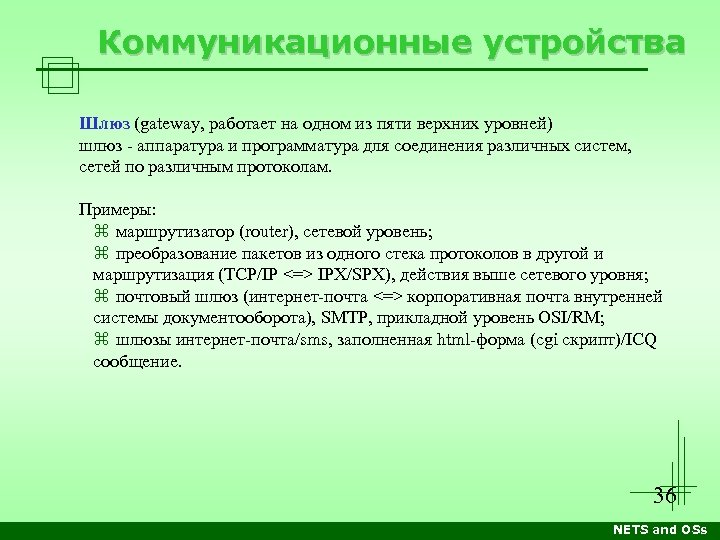 Коммуникационные устройства Шлюз (gateway, работает на одном из пяти верхних уровней) шлюз - аппаратура