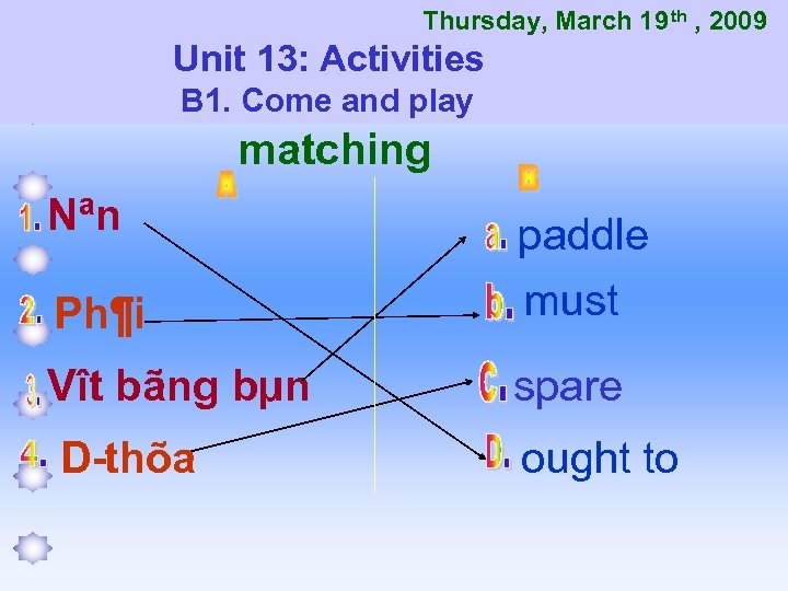 Thursday, March 19 th , 2009 Unit 13: Activities B 1. Come and play