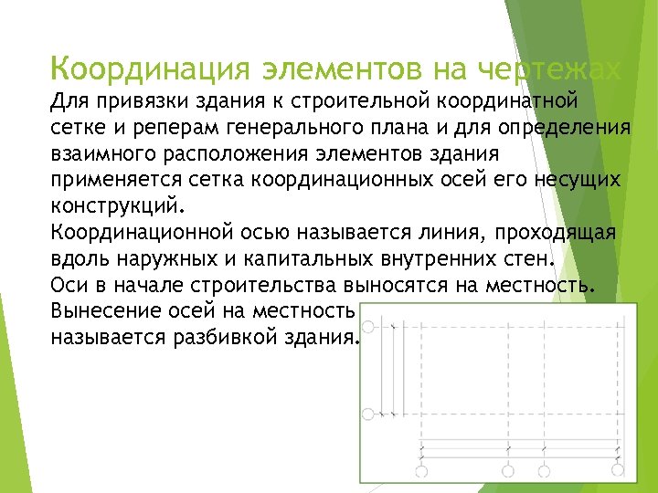 Координация элементов на чертежах Для привязки здания к строительной координатной сетке и реперам генерального