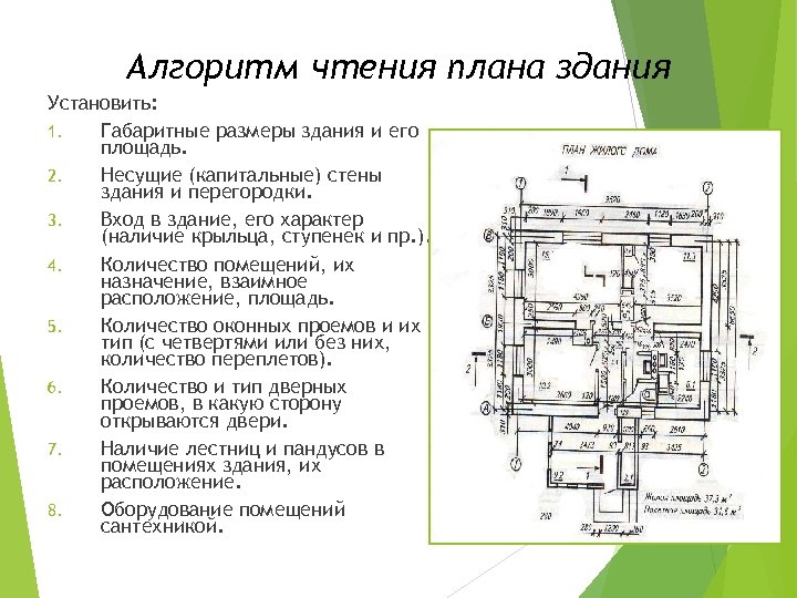 Алгоритм чтения плана здания Установить: 1. Габаритные размеры здания и его площадь. 2. Несущие